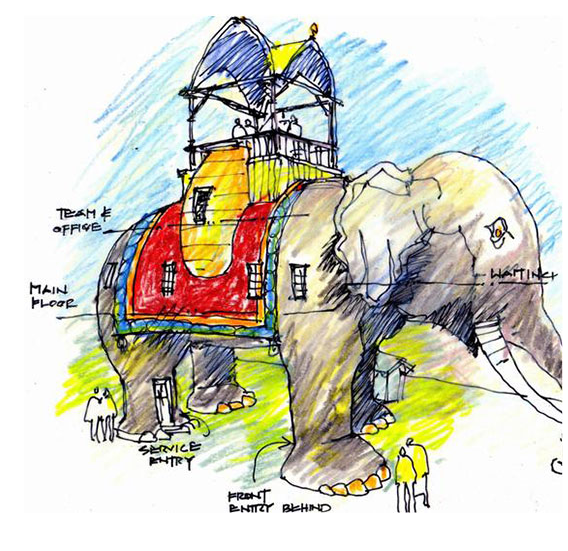 A drawing of an elephant with a circus tent on its back.