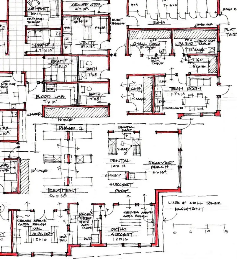 A floor plan of a building with many different types of buildings.